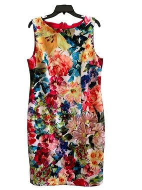 Leslie Fay Floral Sheath Dress Vibrant Garden Party Wedding Guest 14 Brunch